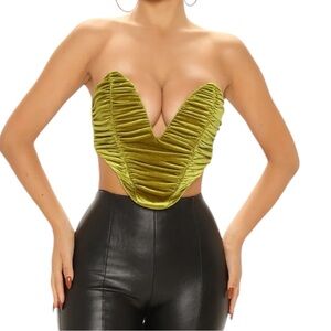 Fashion Nova Wish Me Luck Corset Velvet Crop Top Chartreuse XS